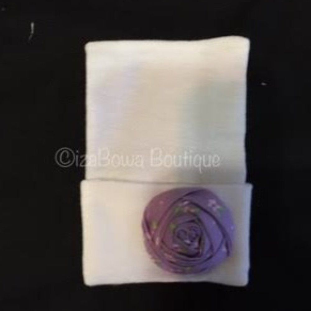 White Newborn Hat with Purple Rolled Flower NB365 Handmade NWT Boutique